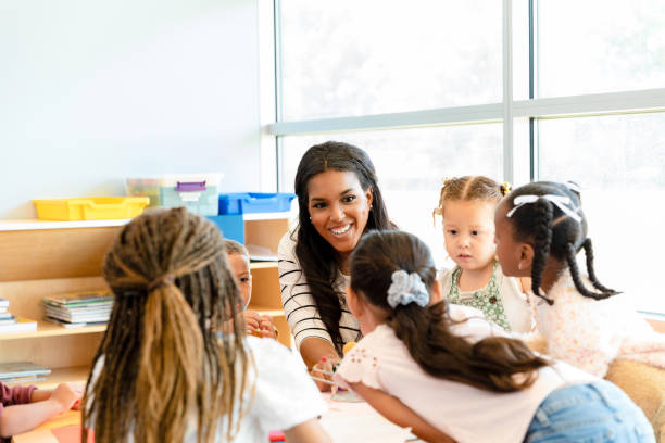 istock Preschool teacher talks to children about the solar system 1361756631