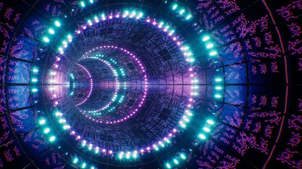 glittering neon light art tiled vj tunnel 3d render - effet visuel photos et images de collection