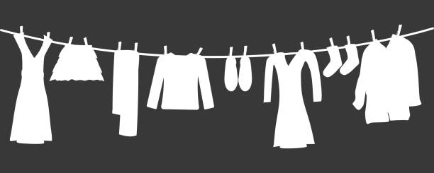 ilustrações, clipart, desenhos animados e ícones de silhuetas de roupa na corda isolada em fundo cinza. várias roupas penduradas no varal. - laundry clothing clothesline hanging