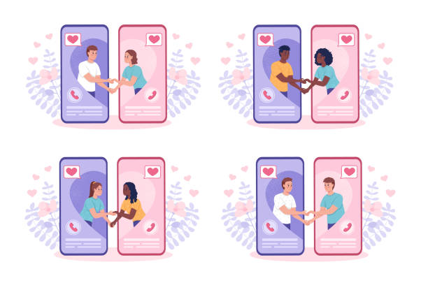 Finding ideal partner through dating app flat concept vector illustrations set Finding ideal partner through dating app flat concept vector illustrations set. Romantic couples isolated 2D cartoon characters on white for web design. Deep affection creative idea collection distant love stock illustrations