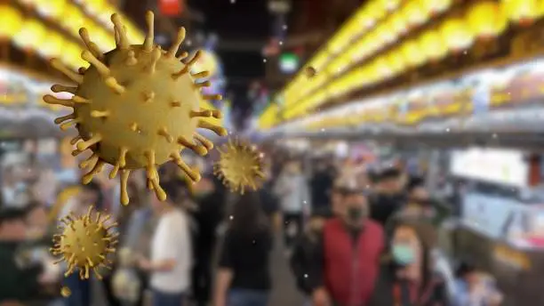 3D illustration. Omicron variant virus Covid 19 on local street market of Taipei city. Asian people shopping traditional decoration for Chinese new year celebration and coronavirus outbreak concept.