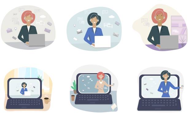 istock A set of isolated vector illustrations on white. A girl online assistant in a store or service sector sitting at a workplace explains and helps the client. The concept of employee assistance in online 1361764000