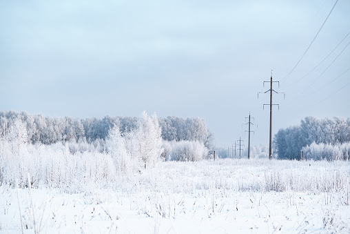 Electric power line in snow-covered field and hoar frosted forest trees winter landscape