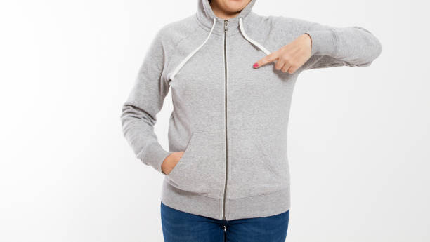 istock happy pointed woman in gray pullover hoodie mockup cropped image 1361768827