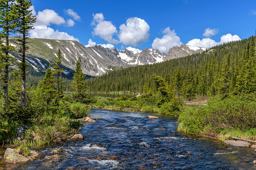 South Saint Vrain Creek at Long Lake, with Indian Peaks towering in background, on a sunny Spring morning. Indian Peaks Wilderness, Colorado, USA.