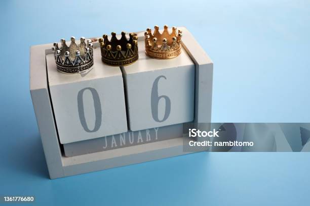 Epiphany Day Concept 6 January Calendar With Three Crowns On Bue Background Stock Photo - Download Image Now