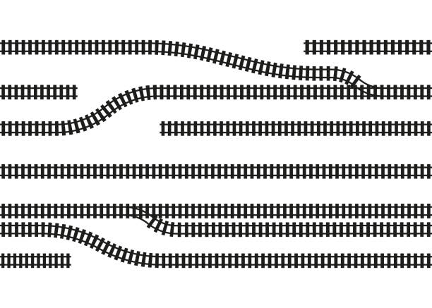 eisenbahnschienenkarte, eisenbahnstrecke für den zug. weg, lagegebiet des bahnhofsviertels, richtung des gleises. infografik zum industriellen labyrinth. vektorillustration - road direction street car stock-grafiken, -clipart, -cartoons und -symbole