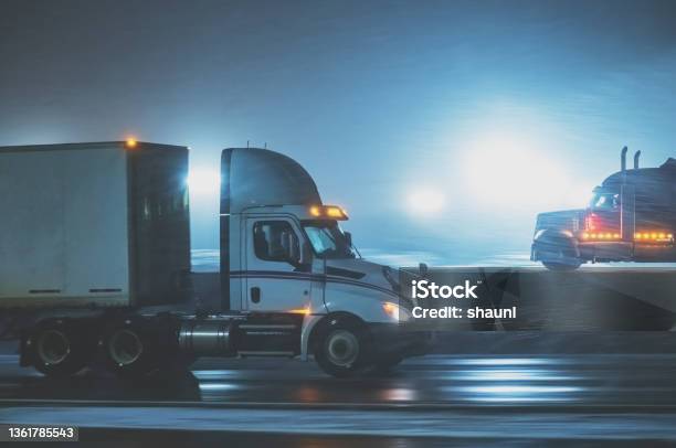 Semi Trucks On Highway In Winter Stock Photo - Download Image Now - Truck Driver, Semi-Truck, Truck