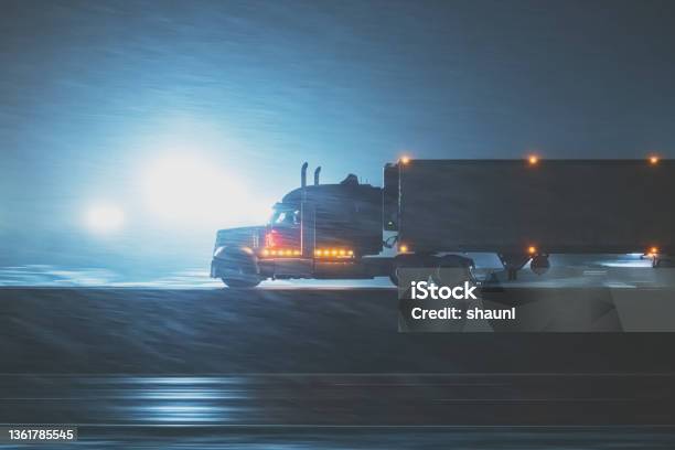 Semi Truck On Highway In Winter Stock Photo - Download Image Now - Semi-Truck, Truck, Winter