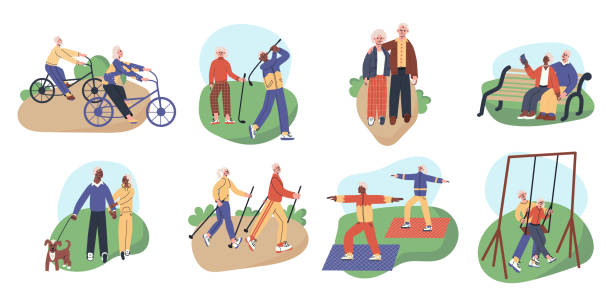 set mit glücklichen aktiven seniorenpaaren. ältere männer und frauen machen nordic walking, yoga, golf, fahrrad fahren, schwingen auf einer schaukel, nehmen selfiye. großmutter und großvater flache vektorillustration - senior adult sport yoga exercising stock-grafiken, -clipart, -cartoons und -symbole