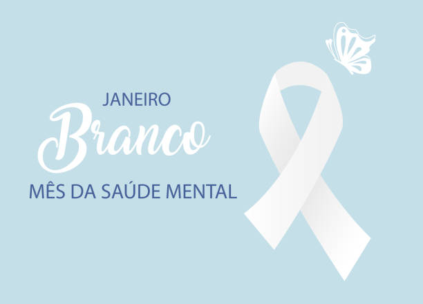 White January Mental Health awareness month in Portuguese language White January Mental Health awareness month in Portuguese language. White ribbon on blue vector background. january stock illustrations