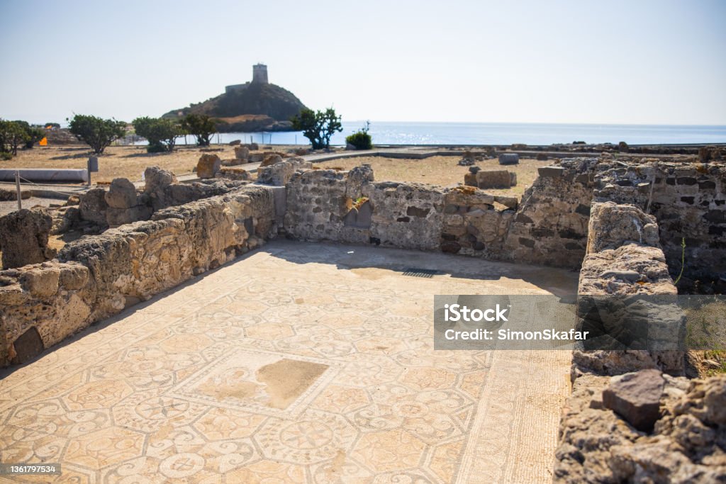 Roman mosaic near Nora, Sardinia, Italy. Ancient roman mosaic in Nora on southern Sardinia, Italy. Sardinia Stock Photo