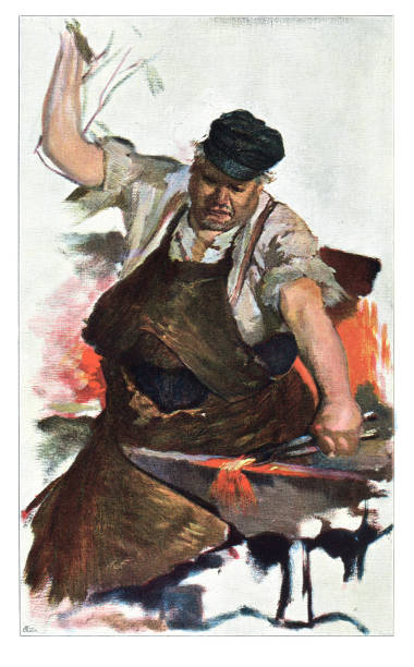 Blacksmith working with iron on anvilOriginal edition from my own archivesSource : 1898 Velhagen MonatsheftDrawing : Josef Kriwer