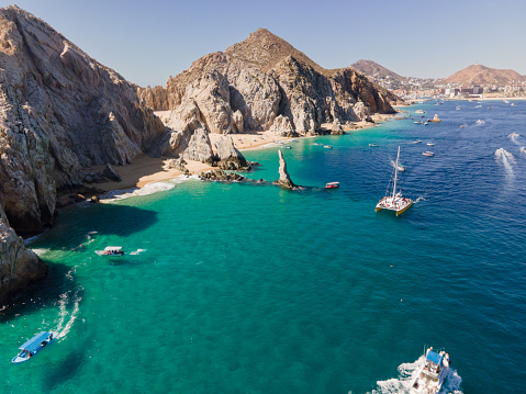 Aerial view looking down at the famous rock formations and Arch of Cabo San Lucas, Baja California Sur, Mexico Darwin Arch glass-bottom boats viewing sea life