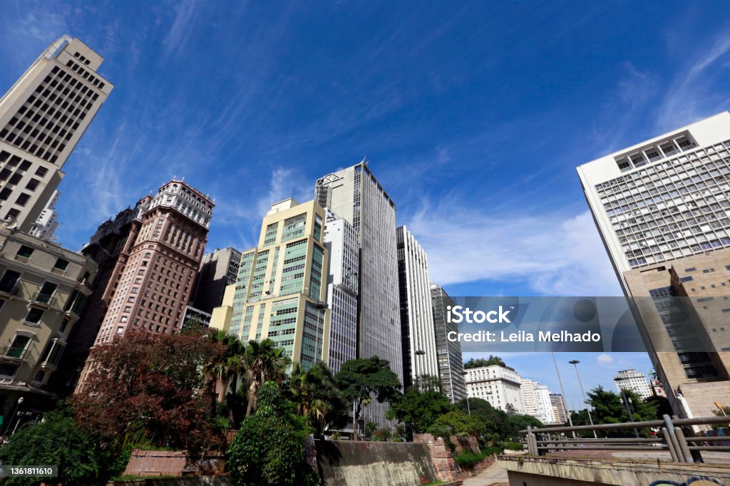 Anhangabau Valley, in Sao Paulo downtown Buildings of Sao Paulo downtown seen from the Anhangabau Valley Ancient Stock Photo