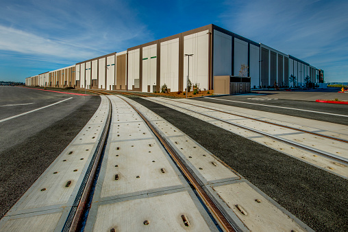 Large warehouse with rail spur.