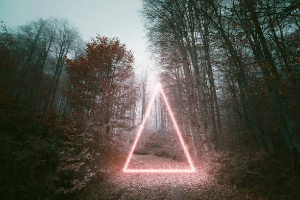 istock stunning triangle neon light over autumn forest road 1361818106