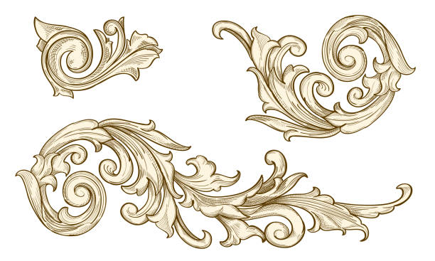 ilustraciones, imágenes clip art, dibujos animados e iconos de stock de conjunto de ornamentados pergaminos florales decorativos barrocos vintage - architectural detail illustrations