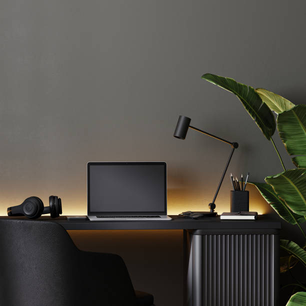 istock home office interior background, modern interior in black and gray tones, home workplace, 3d rendering 1361826868