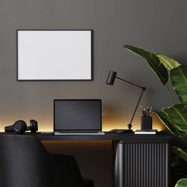 istock mock up frame in home office interior background, modern interior in black and gray tones, home workplace, 3d rendering 1361826869