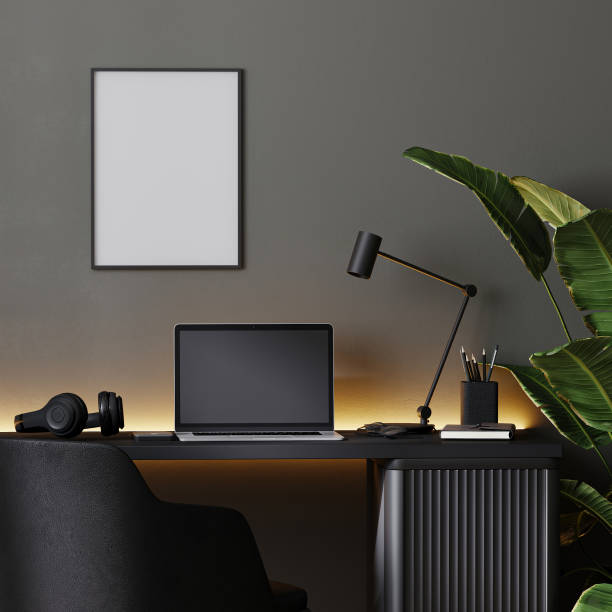 istock mock up frame in home office interior background, modern interior in black and gray tones, home workplace, 3d rendering 1361826870