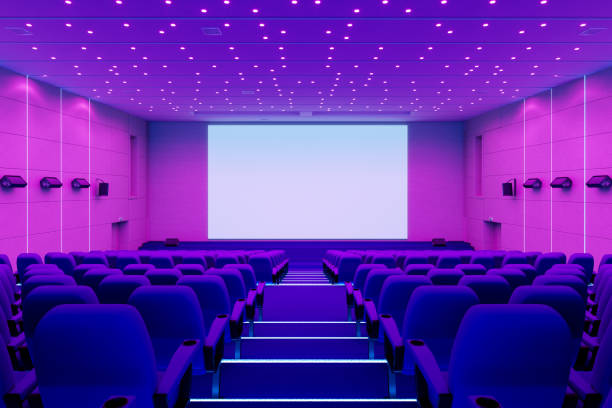 istock Empty Movie Theater With Neon Lights 1361831751