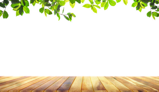 istock Brown blank wooden table top with spring green leaves as frame and free space for text 1361833945