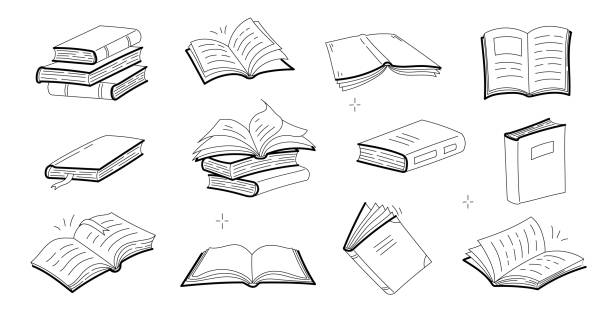 Sketches of open, closed books, stack of textbooks Sketches of open and closed books, stack of textbooks, dictionary or novels with blank covers. Vector doodle icons of literature for library, store, university or school isolated on white background paper stock stock illustrations