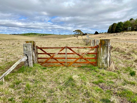 Horizontal landscape photo of a rusty farm gate, a fence and old weathered timber fence posts in the countryside near Armidale, New England high country NSW in Spring.