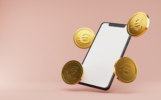 Blank screen smartphone with floating golden euro coins. 3d render