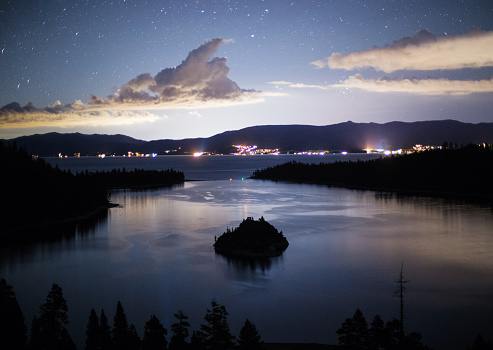 A beautiful and starry night over Emerald Bay State Park. In Lake Tahoe, California