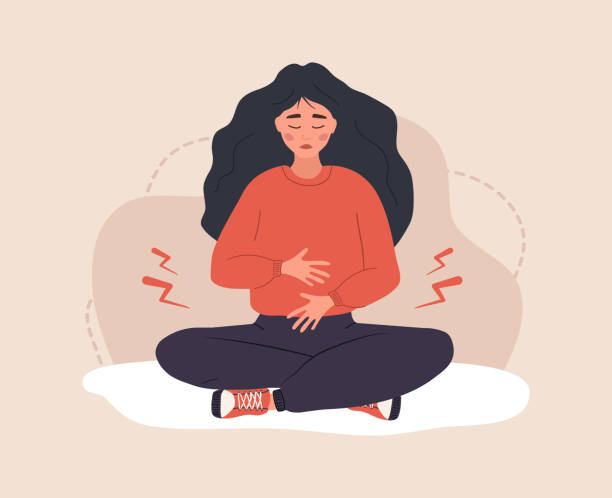 menstruační bolest. smutná žena s břišními křečemi nebo příznaky pms. ženské kritické denní problémy. vektorová ilustrace v plochém kresleném stylu - bolest stock ilustrace
