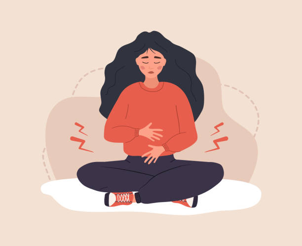 Menstrual pain. Sad woman with abdominal cramps or pms symptoms. Female critical day problems. Vector illustration in flat cartoon style Menstrual pain. Sad woman with abdominal cramps or pms symptoms. Female critical day problems. Vector illustration in flat cartoon style. pms stock illustrations