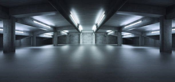 istock Advanced background High end scenario concrete wall 3D rendering booth Exhibition hall Dark technology 1361837589