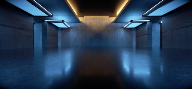 istock Advanced background High end scenario concrete wall 3D rendering booth Exhibition hall Dark technology 1361837751