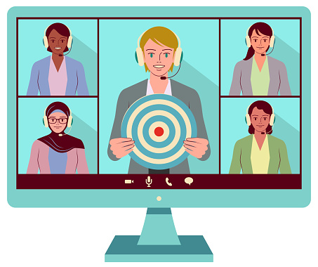 Business characters vector art illustration.
One businesswoman shows a goal to other four businesswomen while attending a video conference (Multi-Ethnic Group).