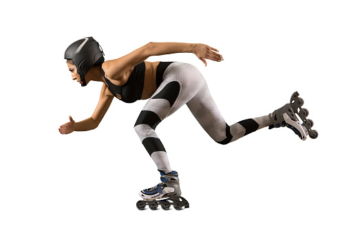 Professional beautiful woman roller skating. isolated on white background