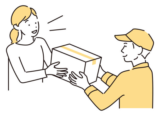 illustration of a woman receiving a package from a deliveryman - kurye stock illustrations