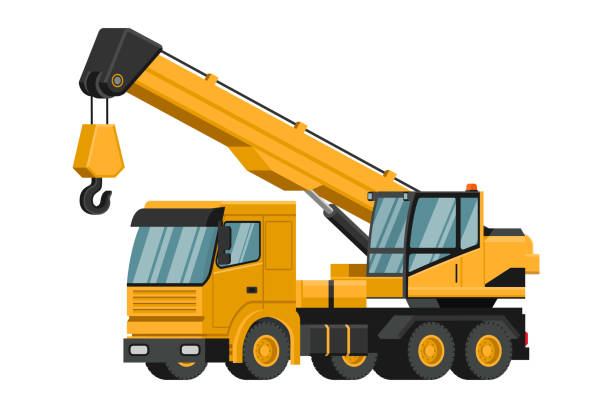 ilustrações de stock, clip art, desenhos animados e ícones de yellow truck crane 3d heavy machinery on white background - coal crane transportation cargo container