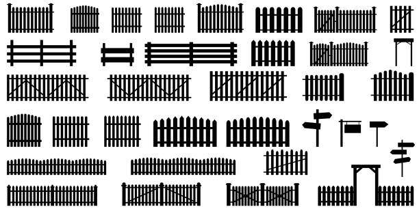 ilustrações, clipart, desenhos animados e ícones de conjunto de ícones de silhueta de cerca. sombra negra. efeito contorno. segurança domiciliar. cobertura de madeira. ilustração vetorial. imagem de estoque. - fence