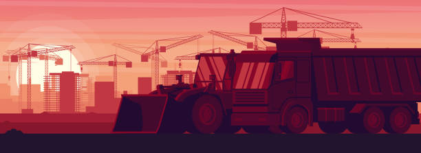 ilustrações de stock, clip art, desenhos animados e ícones de dumper truck and front loader in panoramic background in a sunset with heavy construction and mining machinery - coal crane transportation cargo container