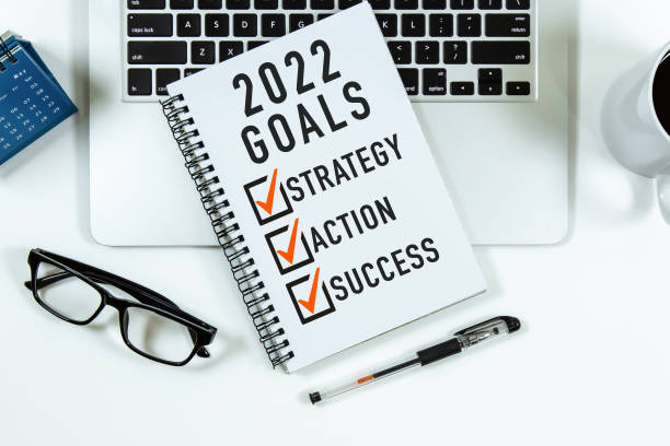 istock 2022 Goal, Strategy, Action, Success checklist text on note pad with laptop, glasses and pen. 1361848101