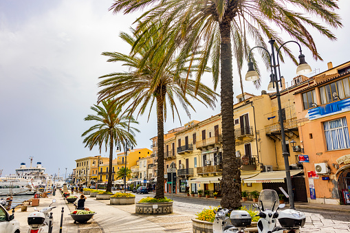 View of a small town along the promenade on Maddalena island, Sardinia,.