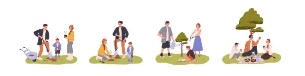 Vector illustration of Growth in progress. Family with kid planting seedling to grow fruit tree. Life cycle and development stages concept. Parents and child care about sapling. Flat vector illustrations isolated on white