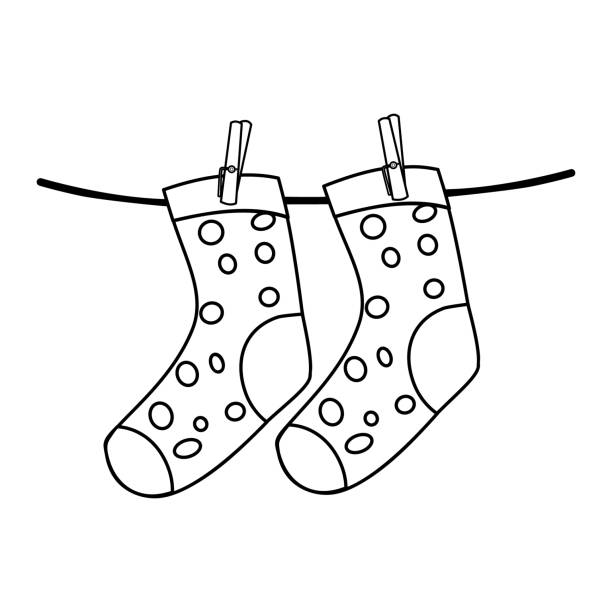 Socks on clothespin icon isolated on white background. Socks hanging on clothesline. Socks hang on rope. vector art illustration