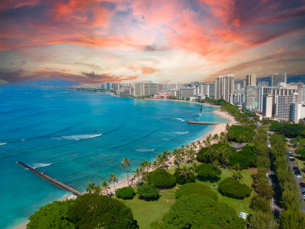 aerial panoramic views of Waikiki Beach Honolulu Hawaii aerial panoramic views of Waikiki Beach Honolulu Hawaii Waikiki stock pictures, royalty-free photos & images