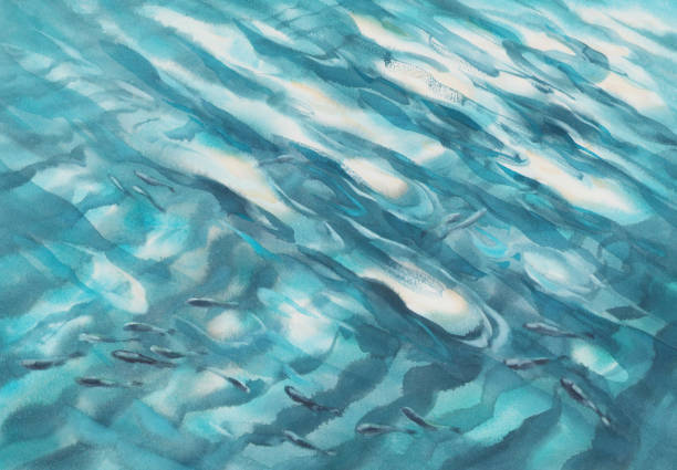 ilustraciones, imágenes clip art, dibujos animados e iconos de stock de ondas de agua de laguna azul con fondo de acuarela de peces - minnow