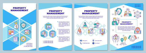 Property management blue brochure template Property management blue brochure template. Real estate. Booklet print design with linear icons. Vector layouts for presentation, annual reports, ads. Arial-Black, Myriad Pro-Regular fonts used rental property management stock illustrations