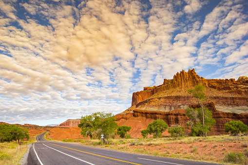 Sunset over the scenic drive in Capitol Reef National Park, Utah, United States