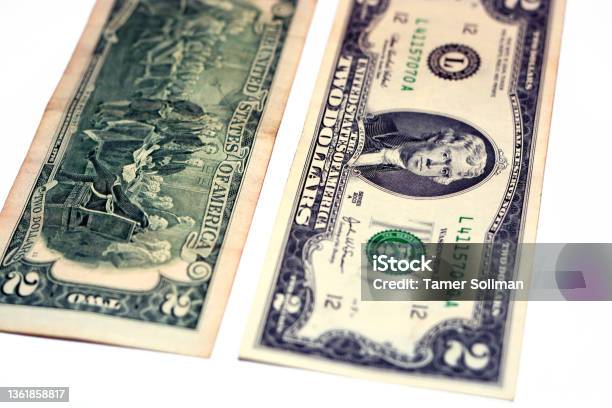 2 Two Dollars Bill Banknotes With Portrait Of President Thomas Jefferson Old American Money Banknote Stock Photo - Download Image Now